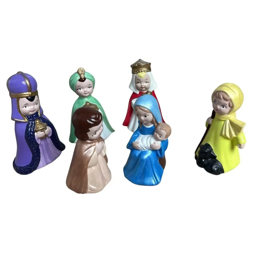 Handmade Ceramic Nativity Set 6pc Hand Painted Figures Vintage Christmas Decor